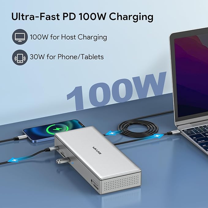 WAVLINK DisplayLink Laptop Docking Station - Quad Monitor 5K/4K @60Hz, 100W Charging - Thunderbolt 4/3, USB-C/A - M1 M2 Mac/Windows/Chrome/Ubuntu - 4 HDMI, 4 DP, 180W Power, SD 4.0 CR, 2.5Gbps LAN