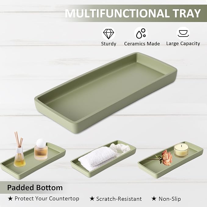 Resin 6 Pcs Green Bathroom Set Complete with Toothbrush Holder, Lotion Soap Dispenser, 2 Qtip Holder Dispensers,Vanity Tray,Bathroom Tumbler - Countertop Vanity Organizer - Bathroom Accessories