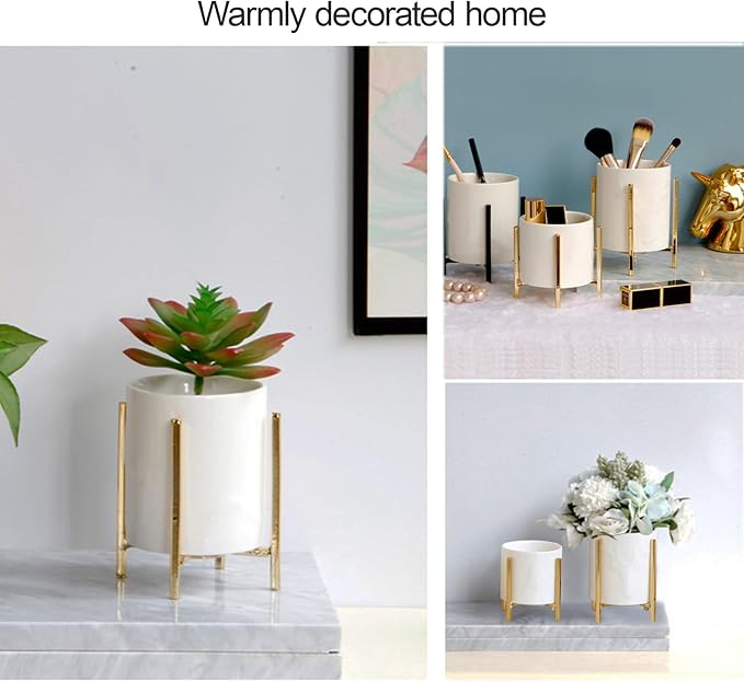 Gold Pencil Cup Sturdy Metal Frame With White Ceramic Pen Holder For Desks and kitchen Appliance Holders