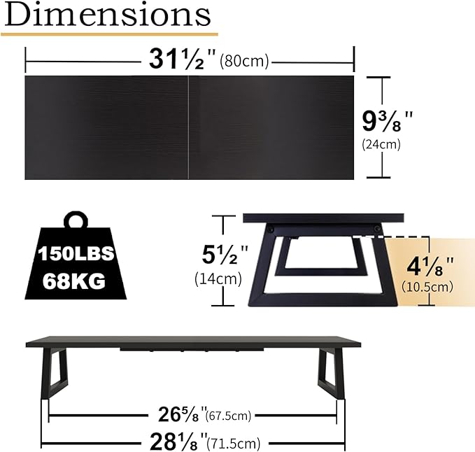 TEAMIX 31.5 inch Dual Monitor Riser, Long Black Monitor Stand Riser Wide TV Stand Riser Monitor Stand for 2 Monitors Wood & Steel Desktop Riser Desk Organization Home Office