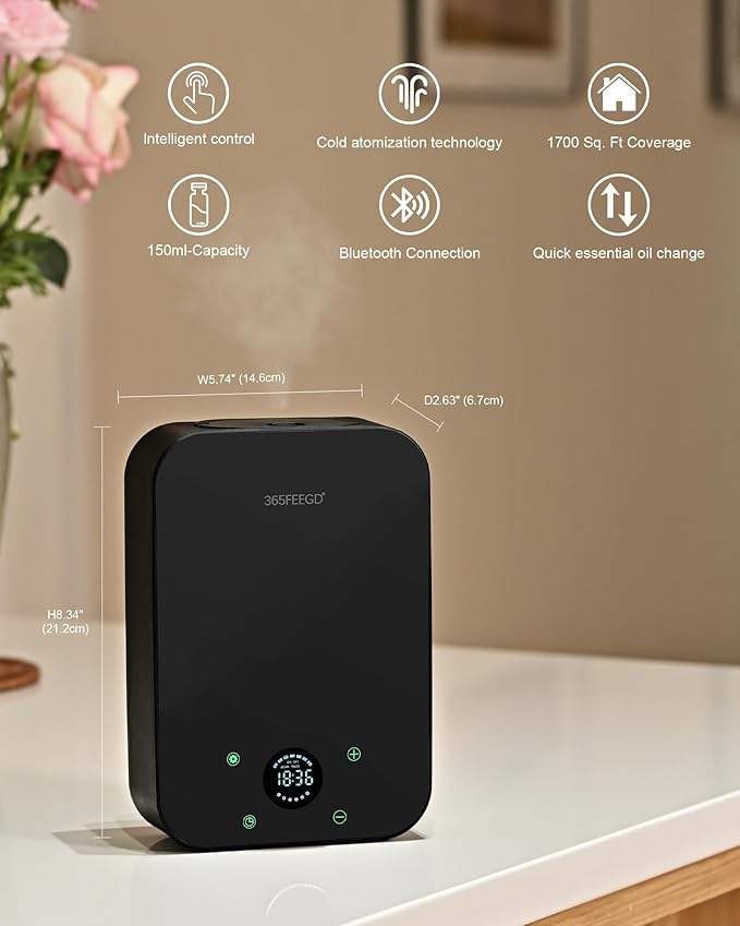 Waterless Oil Diffuser - Pure Essential Oil Diffuser with App Control - 150ml/1700 Sq.Ft. Coverage for Effective Aromatherapy in Home/Office/Hotel (Black)