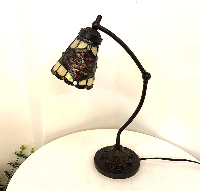 Bieye L10870 Tiffany Style Stained Glass Table Lamp Night Light with Swing Arm Base for Working Reading Home Decoration (Baroque Red)