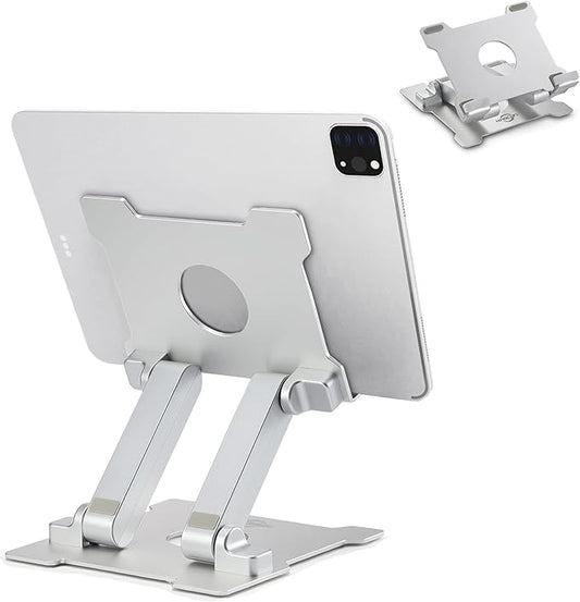 KABCON Quality Tablet Stand,Adjustable Foldable Eye-Level Aluminum Solid Up to 15-in Tablets Holder for Microsoft Surface Series Tablets,iPad Series,Samsung Galaxy Tabs,Amazon Kindle Fire,Etc.Silver