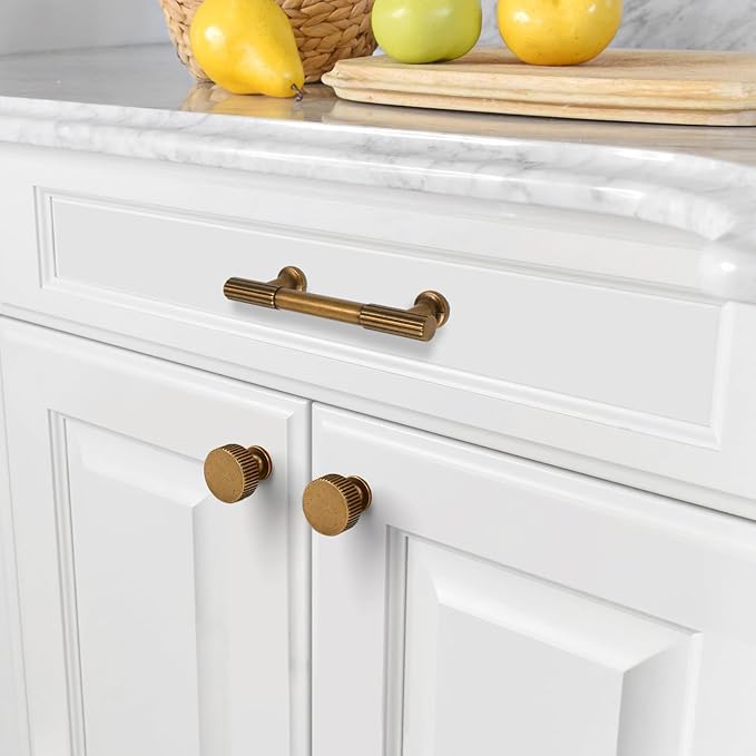 Amerdeco 10 Pack Antique Brass Cabinet Knobs Single Hole Cabinet Pulls 1 Inch Drawer Knobs and Pulls for Bathroom Cabinets ZH0071