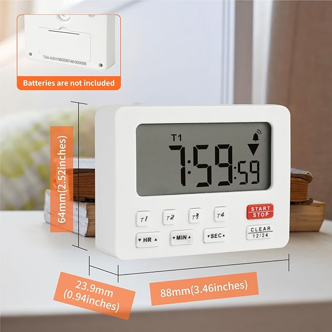 YOOREAL Digital Kitchen Timers, with 4 Sets of Countdown Stop Watches Timer/Magnetic Timer Clock with Adjustable Loud Alarm Classroom Cooking Fitness Baking Studying Teaching (White)