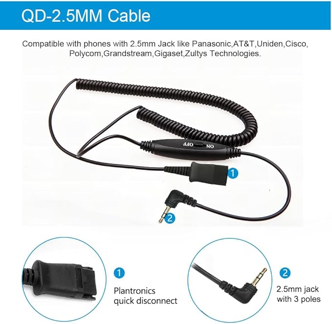 QD Headset with 3.5mm Jack&USB-C Adapter for PC,Cellphone,Tablet, 2.5mm Jack Compatible with Panasonic-Cisco-AT&T-Grandstream IP Phones, etc. with Mute, Volume Control (2.5mm&3.5mm Connectivity)