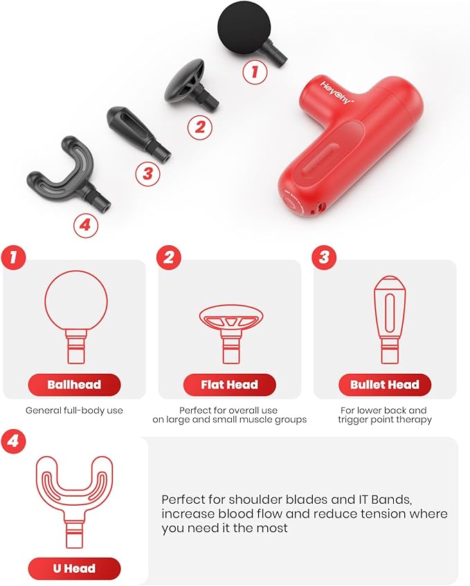 Super Mini Massage Gun Deep Tissue with 4 Attachments, Handheld Portable Mini Travel Size Percussion Deep Tissue Massager with 5 Speeds, Massager Gun Ideal Gift for Man & Women, Red