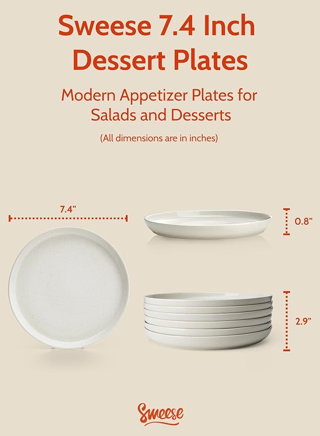 Porcelain Dessert Plates 7.4 Inch Set of 6 - Dove Gray Salad Plates, Dishwasher Microwave Safe, Smooth Glaze