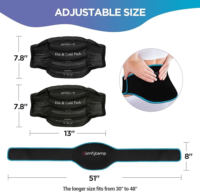Comfytemp Ice Pack for Back Pain Relief, 2 Packs, Reusable Gel Lower Back Wrap Ice Brace for Sciatica Injuries, Hot Cold Compression for Lower Lumbar, Waist, Men Women Gifts (Black)