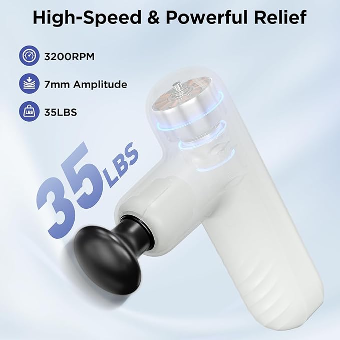 Mini Massage Gun, Powerful Handheld Muscle Massager for Back Pain Relief, Deep Tissue Percussion Small Massage Gun Travel Massager with 4 Massage Heads Silent Brushless Motor, White