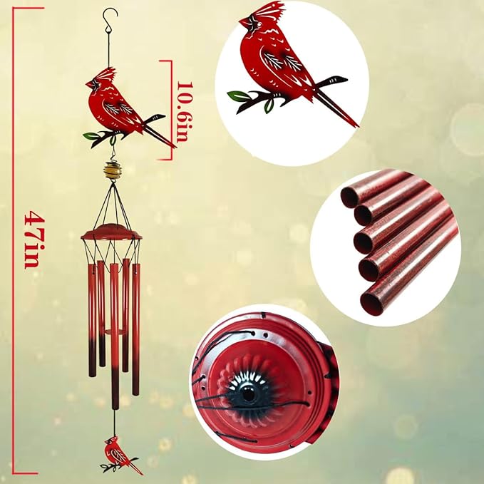 Hummingbird Wind Chimes Outdoor for Men/Women/Dad/Grandpa Birthday Gift Memorial Gift Metal Chimes Decor for, Home, Lawn, Porch, Patio, Garden Decor, Yard Decoration (Red Bird Station)