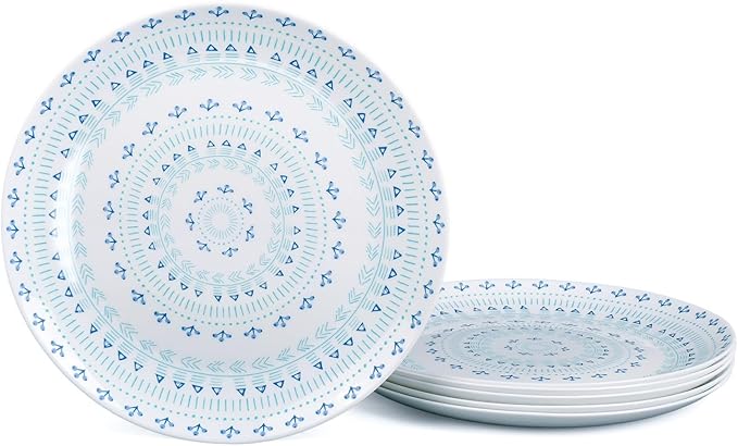 10.5 inch Dinner Plate Set of 6, Lightweight Round Opal Glass Dinnerware Plates, Dishwasher and Microwave Safe, Navy Geometric Floral Mandala Pattern
