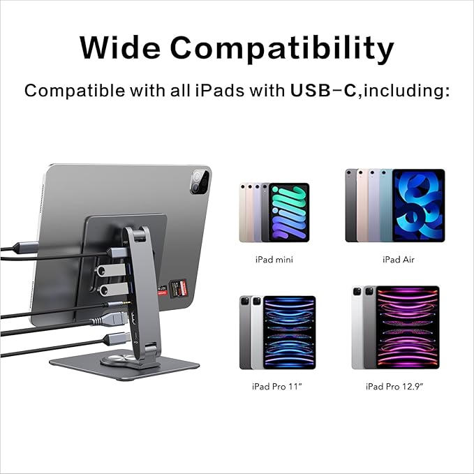 Adjustable Tablet Stand with USBC Hub 7-in-1, Aluminum Tablet Holder with Docking Station, 360° Swivel Base, 4K HDMI, 100W PD Charging, USB 3.0, SD/TF Reader, 3.5mm Audio, for iPad with USB-C Port