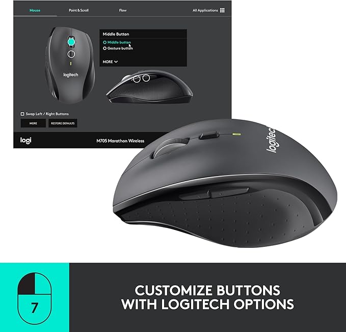 Logitech M705 Marathon Wireless Mouse, Gaming Mouse Wireless, 2.4 GHz USB Receiver, 5-Programmable Buttons, 3-Year Battery, PC, Mac, Laptop, Chromebook - Black