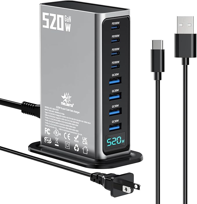 Melasta 520W USB C Charging Station, 8-Port Fast Charger Block for Multiple Devices with 4×100W PD & 4×30W USB A Ports Suitable for Laptop, Phone, Tablet | Home & Travel Use -Silver
