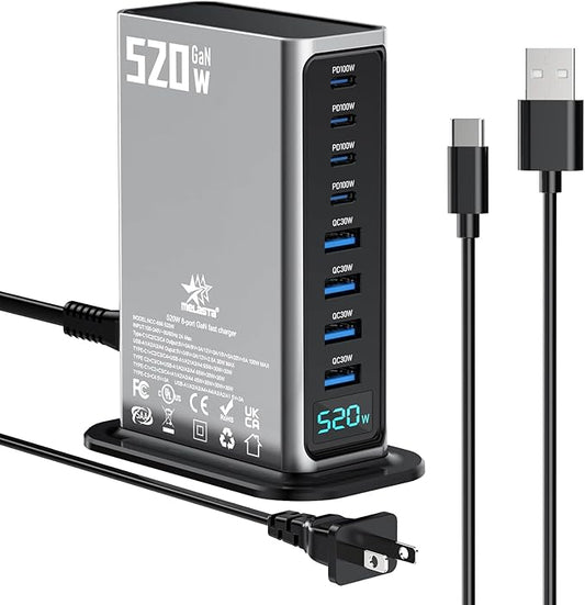 Melasta 520W USB C Charging Station, 8-Port Fast Charger Block for Multiple Devices with 4×100W PD & 4×30W USB A Ports Suitable for Laptop, Phone, Tablet | Home & Travel Use -Silver