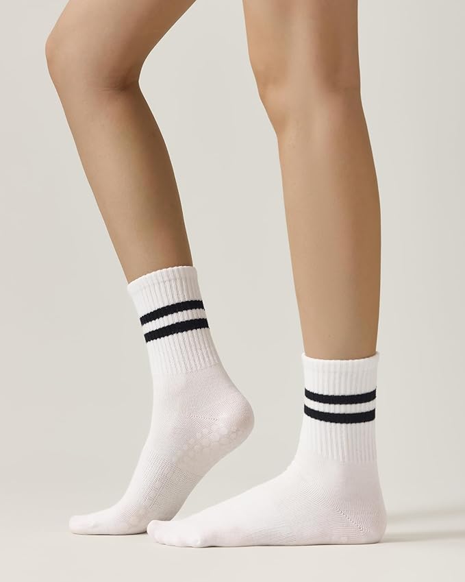 Pilates Socks with Grips for Women Grippy Non Slip Crew Socks for Yoga Barre Hospital Striped 3 Pairs