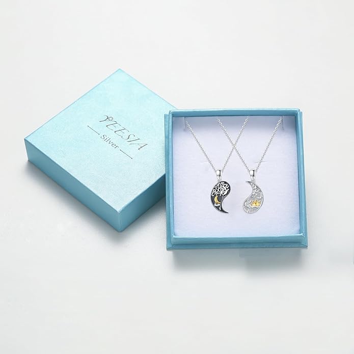 Yin Yang Necklaces 925 Sterling Silver Friendship Sun Moon/Mountain/Dolphin/Tree of Life/Flower/Wings Pendant Necklace Moonstone Abalone Opal Jewelry for Women Men Couples