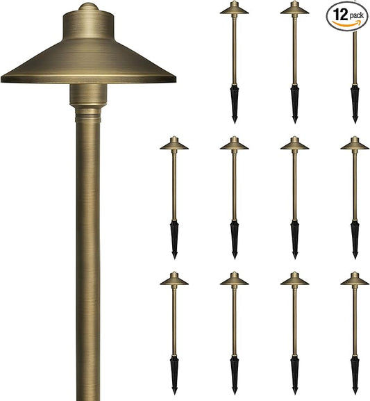 GKOLED Solid Brass Landscape Path Lights (6.7" Shade, 20" Tall), Low Voltage LED 3W 12-24V AC/DC China Hat Path Lighting, 2700K Outdoor Waterproof Walkway Light, with Stake and G4 Bulb, 12 Pack