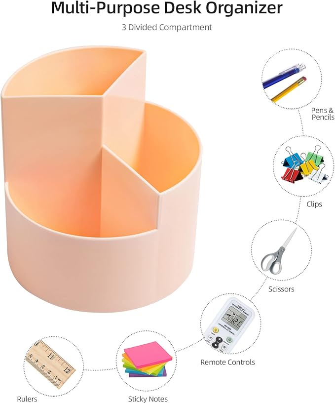 Desk Pencil Pen Holder, 3 Slots 360-Degree Spinning Organizers, Desktop Storage Stationery Supplies, Cute Cup Pot for Office, School, Art Supply, Kids - Pink