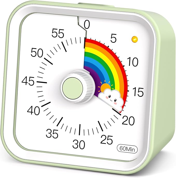 Visual Timer with Pause Function, 60 Minute Countdown, Pomodoro Timer for Kids, Productivity Timer, Time Management for Kitchen Cooking, Study, Teaching, Office Meetings (Rainbow Green)
