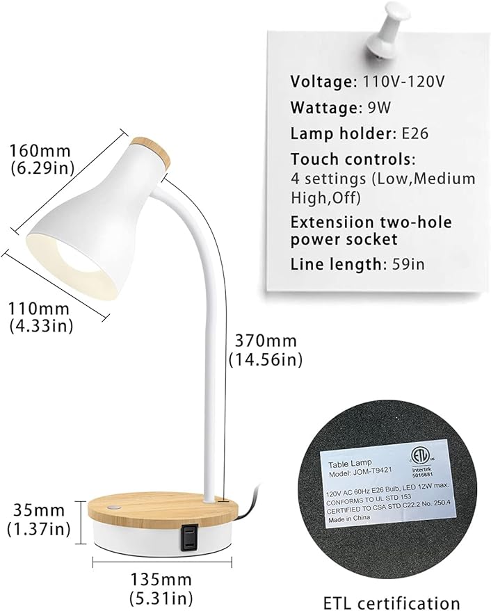 Metal Desk Lamp Wireless Charging Table Lamp Touch Reading Lights Arc Desk Lamps for Bedroom, 3 Way Dimmable Bedside Lamp with USB Charging Ports Lamp for Study Room and Office (Touch-White)