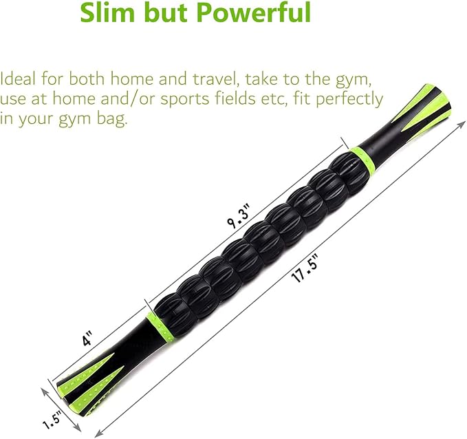 Sportneer Muscle Roller Stick - Massage Stick for Athletes - Reducing Soreness and Muscle Strain, Soothing Legs Cramps - Physical Therapy & Body Recovery - Black Green
