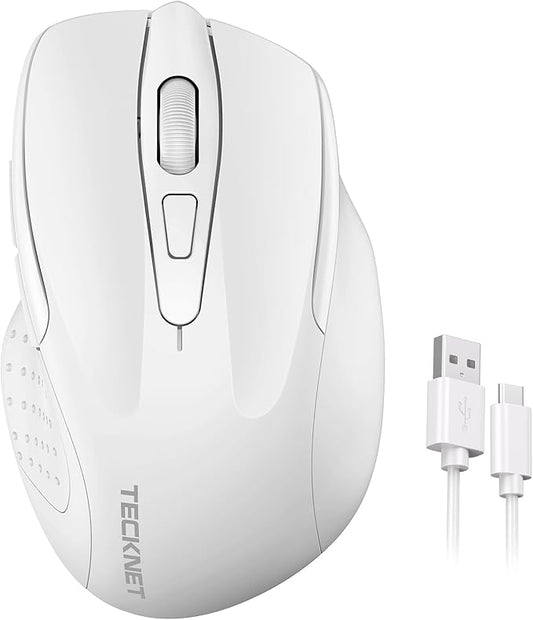TECKNET Rechargeable Wireless Mouse, 2.4G Silent Quiet Click, 6 Adjustable 4800 DPI, Cordless Computer Mouse, Ergonomic Mouse for Laptop, 6 Buttons USB for Chromebook, Ergo Grip - White