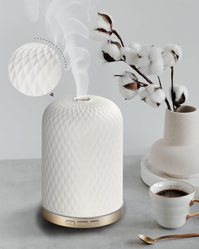 Essential Oil Diffuser,120ML 2.4MHz Ultrasonic Aromatherapy Diffusers for Essential Oils Large Room, Ceramic Diffusers Decorative Aroma Diffuser, Ideal Air Diffusers for Home, Room Decor, Yoga, White