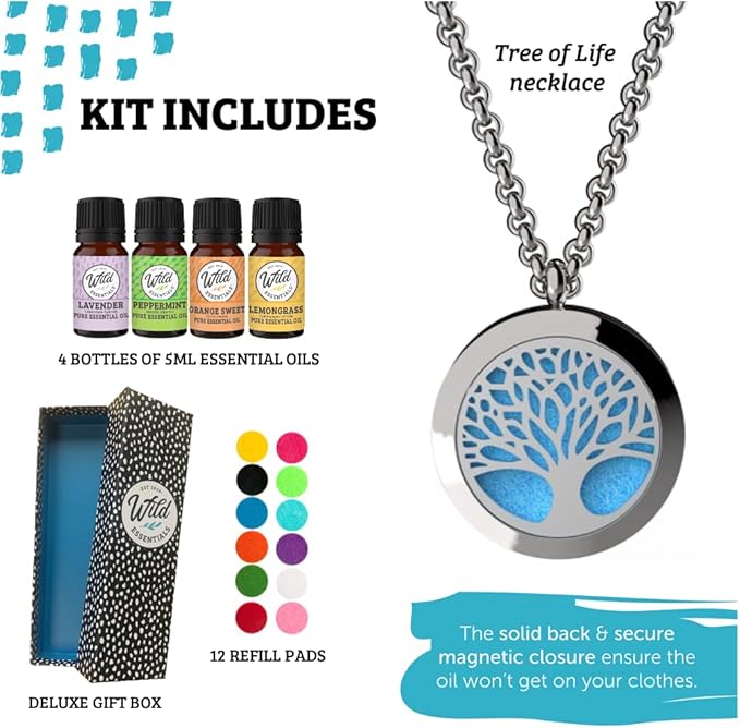 Wild Essentials Tree of Life Necklace Essential Oil Diffuser Kit With Lavender, Lemongrass, Peppermint, Orange Oils, 12 Refill Pads, Calming Aromatherapy Gift Set, Customizable Color Changing, Perfume