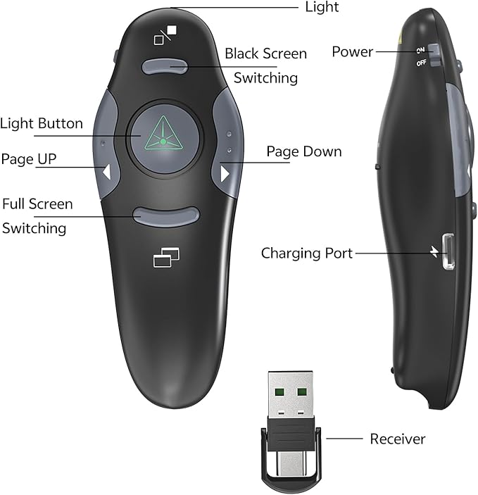Presentation Clicker with Case Storage Wireless Presenter Remote USB Type C Rechargeable Green Laser Pointer PowerPoint Clickers for Computer Mac Project PPT Slideshow Google Slide Advancer