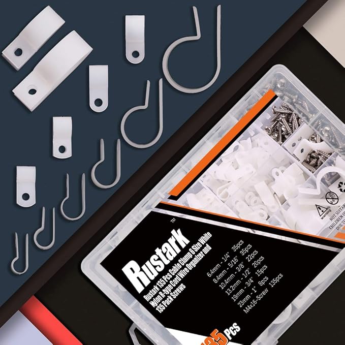 135 Pcs Cable Clamp 6 Size White Nylon R-Type Cord Wire Organizer Clips Fasteners Assortment kit with 135 Pack Screws for Wire Management