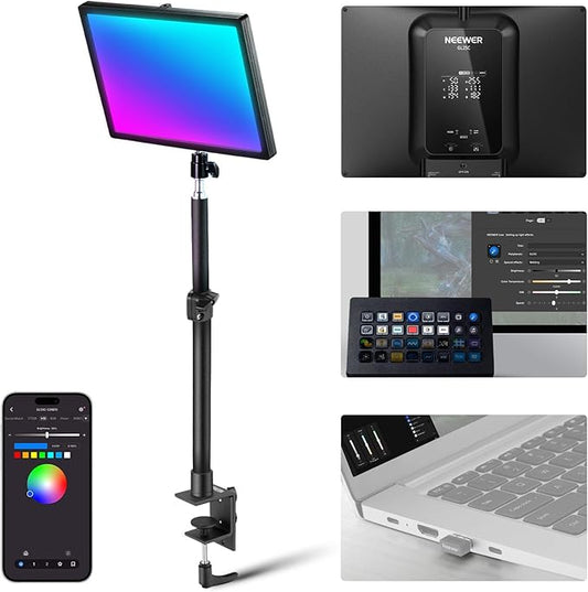 NEEWER GL25C LED RGB Streaming Key Light, APP/PC Control 25W 2500Lux/0.5m 2900K-7000K CRI95+/TLCI97+ Full RGB Dimmable Edge Emitting Silent Webcam Video Light with Desk Stand