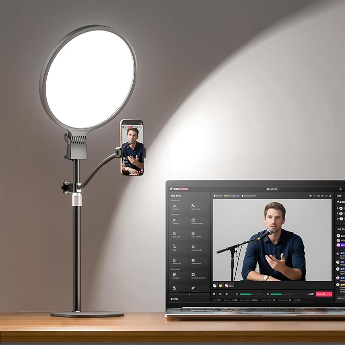 2300 Lumens Ring Light with Stand for Desk, Computer & Laptop – Podcast & Streaming Light with Flexible Phone Holder, CRI 98+ Bright Yet Soft Zoom Light for Video Recording, Conference & Calls
