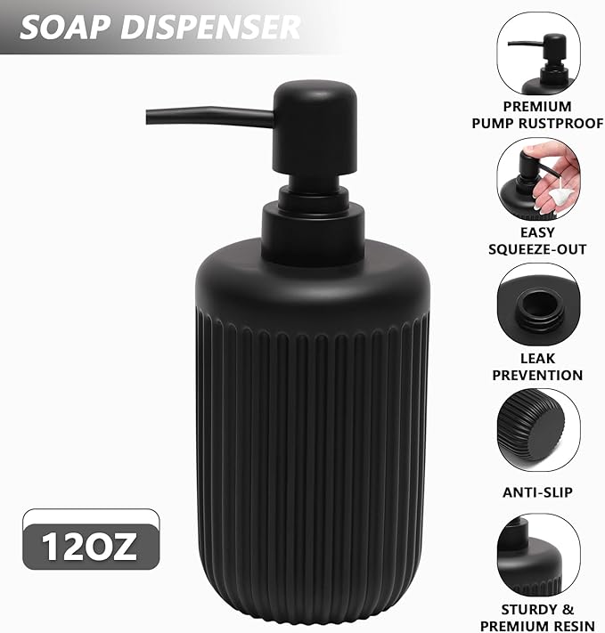 Resin Matte Black Bathroom Accessories Set 5 Pcs, Lotion Soap Dispenser, Toothbrush Holder, Bathroom Tumbler, Qtip Holder and Vanity Tray, Bathroom Countertop Organizer Set for Home Apartment