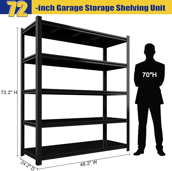 3000LBS Garage Shelving Units and Storage, Heavy Duty Shelf Rack, 5 Tier Shelves for Garage Storage, Metal Adjustable Shelf for Basement, Warehouse and Supermarket