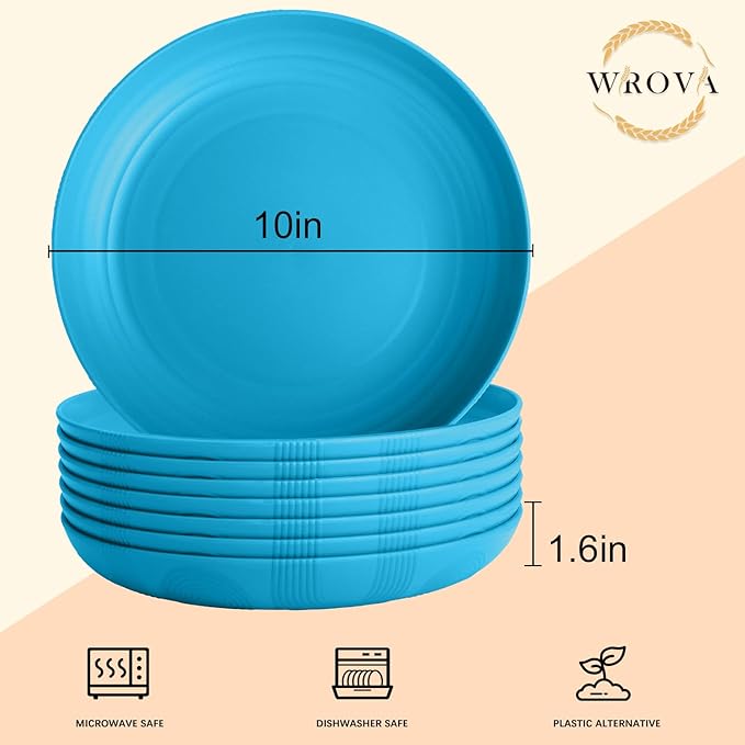 Wheat Straw Plates 10 Inch - Unbreakable Dinner Plate Set of 8 - Dishwasher & Microwave Safe Plastic Plates Reusable - Lightweight Deep Plate for Kitchen,Outdoor,Dorm (Blue)