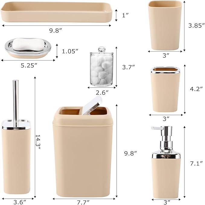 Beige Bathroom Set, Plastic 9-Piece Bathroom Set with Trash Can, Soap Dispenser, Toothbrush Holder, Toothbrush Cup, Soap Dish, Toilet Brush, Tray and Q-tip Holders for Bathroom/Housewarming