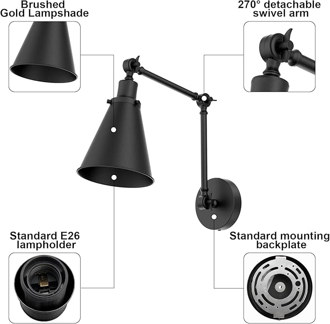 2-Pack Battery Operated Swing Arm Led Wall Sconces with Remote & 5500mAh Rechargeale Light Bulbs, 3-Color Dimmable Indoor Non-Hardwired Metal Wall Light for Bedroom Living Room Kitchen(Black)