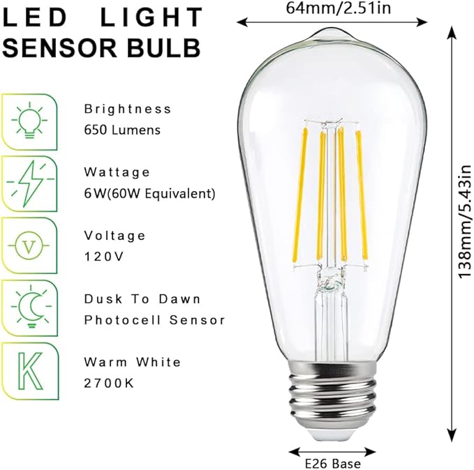 FAGUANGAO ST64 LED Dusk to Dawn Light Bulbs Outdoor,6W 60W Equivalent,2700K Warm White,650 Lumens E26 Edison Filament Photocell Sensor Bulb,Auto On/Off Vintage Bulbs for Porch,Patio,Garage,4 Pack