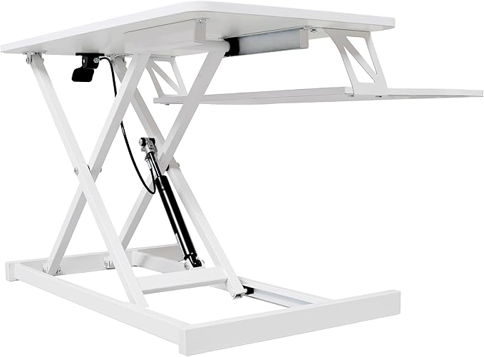 32 Inch Height Adjustable Stand Up Laptop Desk Converter, Heavy Duty Standing Computer Workstation Riser with Removable Keyboard Tray for Home Office Workshop, Spacious Platform for Monitor, White