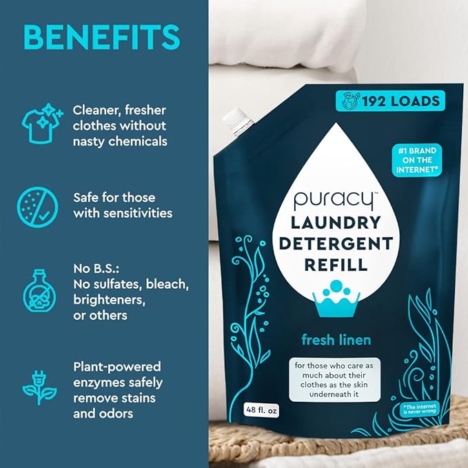 Puracy Laundry Detergent Refill - Enzyme-Powered Liquid Laundry Detergent Concentrate, Natural Laundry Detergent Seen on TikTok, Non-Toxic (Fresh Linen, 48 fl oz, 192 Loads)