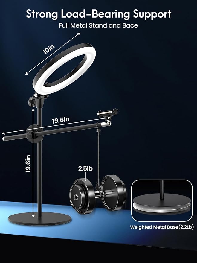 LUXSURE Ring Light for Desk with Stand,Overhead Camera/Phone Mount with 10.5" Ring Lights for iPhone,Phone Tripod with Light Adjustable Lighting for Video Recording,Cooking,Live Stream,Content Creator
