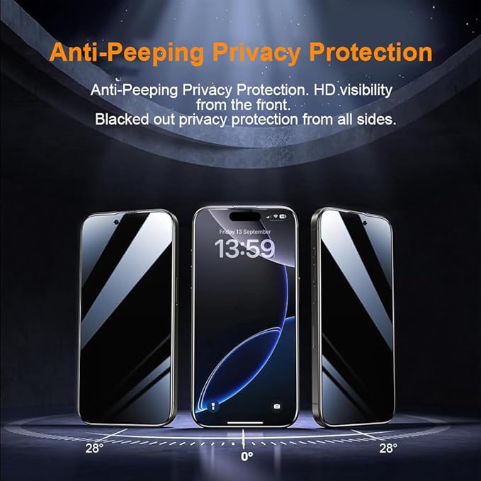OneFish Privacy Screen Protector for IPhone 14 Pro Max Anti-Spy Tempered Glass Dust-Free Bubble-Free Anti-Fingerprint 9H Scratch Protection & Hassle-Free Installation Frame [2-Pack]