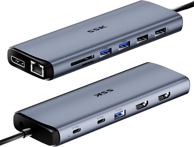 SSK 8K USB C Dock for Thunderbolt Laptop, MacBook Docking Station 3 Monitors,10Gbps USB C Hub Dual HDMI, Displayport, Ethernet,100W PD, Mic/Audio, USB C&A 3.2 Gen 2 Port for iPhone 15/Mac/Lenovo