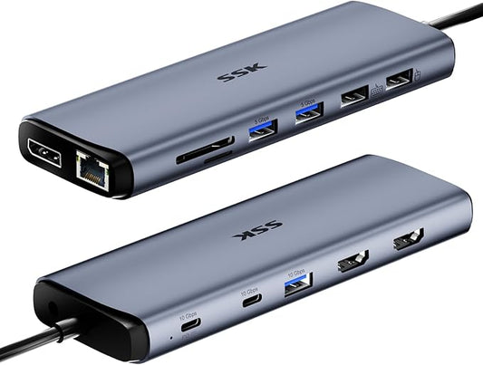 SSK 8K USB C Dock for Thunderbolt Laptop, MacBook Docking Station 3 Monitors,10Gbps USB C Hub Dual HDMI, Displayport, Ethernet,100W PD, Mic/Audio, USB C&A 3.2 Gen 2 Port for iPhone 15/Mac/Lenovo