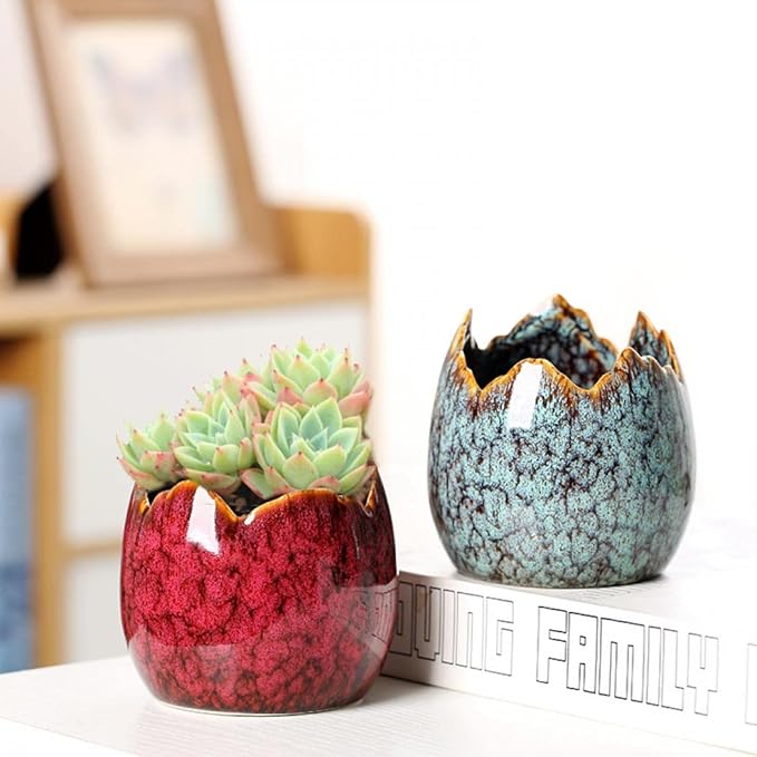 Simcat Succulent Pots with Drainage Half Dragon Egg Shell Design Ceramic Flower Pot 4 Cactus Planter Pots Marble Print Succulent Plant Pots + Bamboo Tray for Home Office Desktop Windowsill Décor