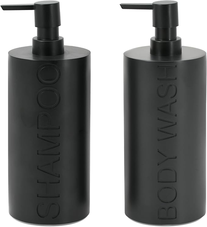 Matte Black Resin 2 Piece Shampoo and Body Wash Dispenser Set, Luxurious Refillable Pump Bottles with Matte Pump Top and Embossed Text, Durable Design for Bathroom and Shower