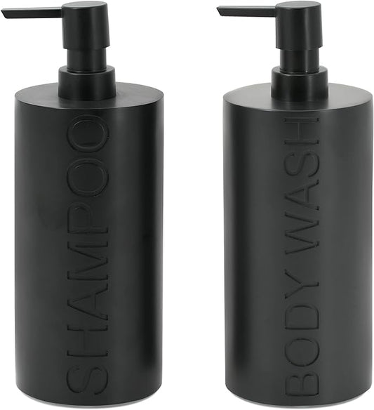 Matte Black Resin 2 Piece Shampoo and Body Wash Dispenser Set, Luxurious Refillable Pump Bottles with Matte Pump Top and Embossed Text, Durable Design for Bathroom and Shower