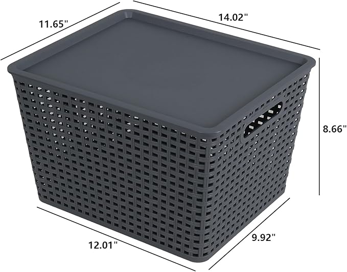 Anbers 6 Pack Plastic Weave Basket for Shelves, Stackable Storage Basket with Lid, Dark Grey